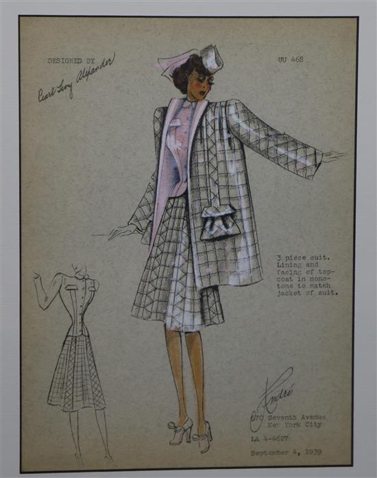 A 1930s American hand tinted printed fashion plate by Pearl Levey Alexander 27 x 20cm